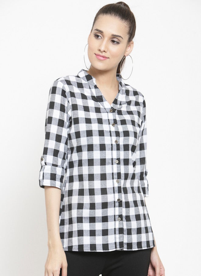 Indietoga Checked Slim Fit Mandarin Collar Casual Cotton Shirt - Image 1